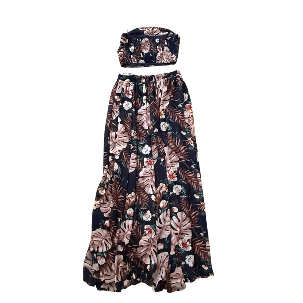 Fashion Nova Navy Blue Floral Two Piece Maxi Skirt Tube Top Set Women's Size XL